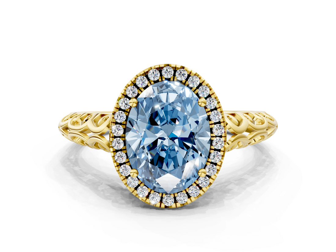 Yellow gold Fancy Blue Oval  Halo Diamond Engagement Ring with Intricate Filigree Band and Four-Prong Setting_37