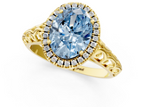 Yellow gold Fancy Blue Oval  Halo Diamond Engagement Ring with Intricate Filigree Band and Four-Prong Setting_38