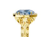 Yellow gold Fancy Blue Oval  Halo Diamond Engagement Ring with Intricate Filigree Band and Four-Prong Setting_42