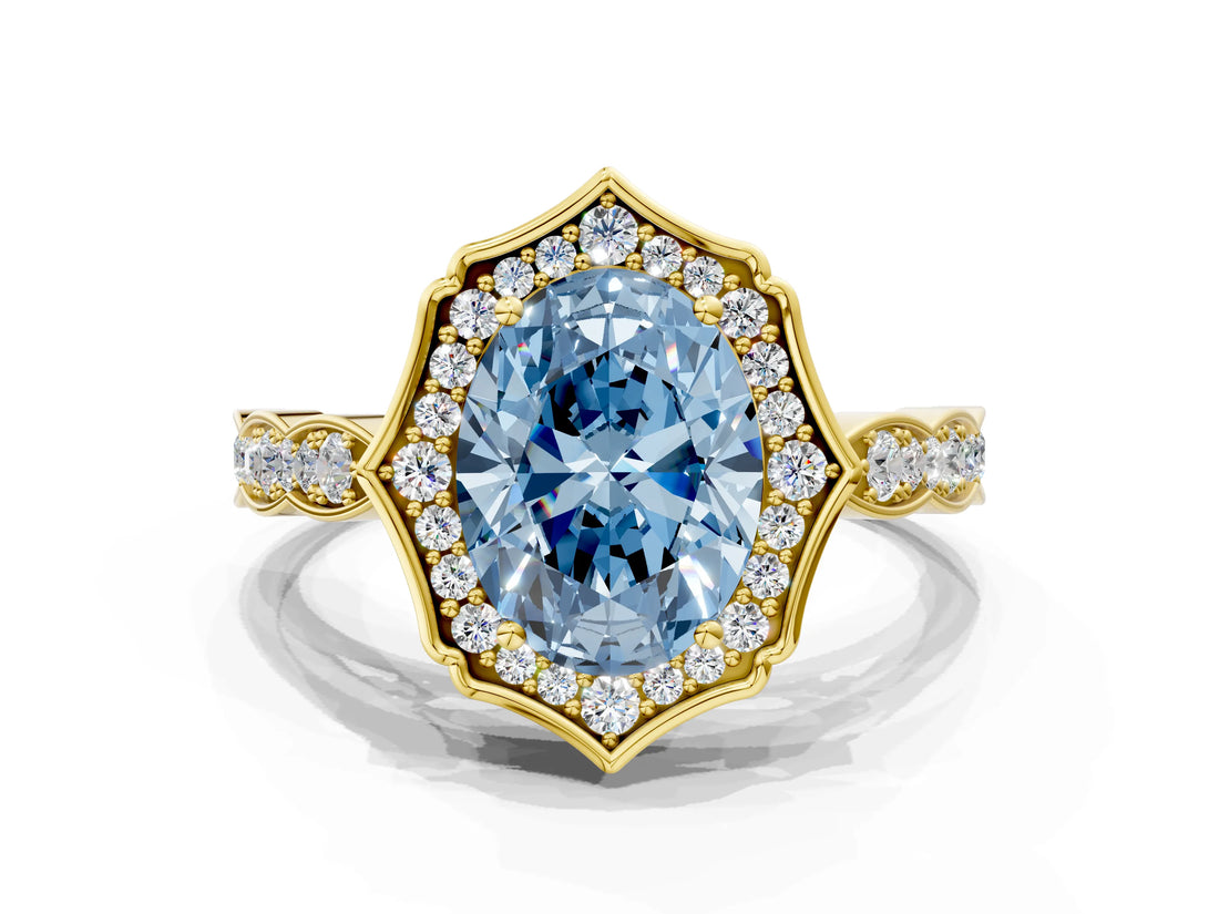 Yellow gold Fancy Blue Oval  Halo Diamond Engagement Ring with Milgrain Band and Four-Prong Setting_54