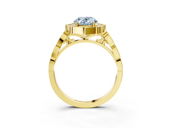 Yellow gold Fancy Blue Oval  Halo Diamond Engagement Ring with Milgrain Band and Four-Prong Setting