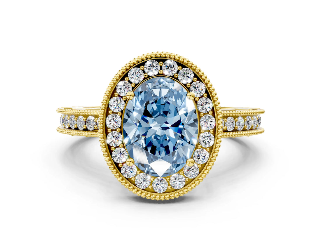 Yellow gold Fancy Blue Oval  Halo Diamond Engagement Ring with Milgrain Pave Band and Four-Prong Setting_12