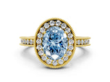 Yellow gold Fancy Blue Oval  Halo Diamond Engagement Ring with Milgrain Pave Band and Four-Prong Setting_12
