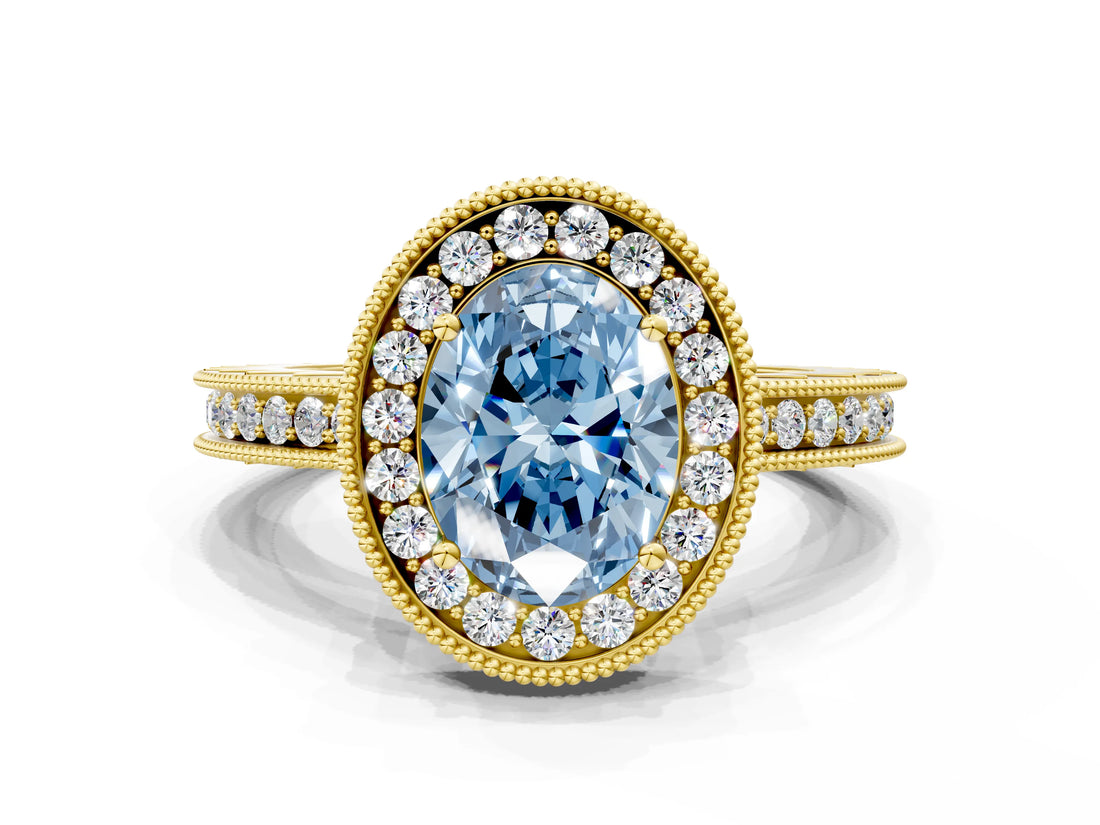 Yellow gold Fancy Blue Oval  Halo Diamond Engagement Ring with Milgrain Pave Band and Four-Prong Setting_123
