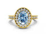 Yellow gold Fancy Blue Oval  Halo Diamond Engagement Ring with Milgrain Pave Band and Four-Prong Setting_123