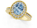 Yellow gold Fancy Blue Oval  Halo Diamond Engagement Ring with Milgrain Pave Band and Four-Prong Setting_124