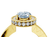 Yellow gold Fancy Blue Oval  Halo Diamond Engagement Ring with Milgrain Pave Band and Four-Prong Setting_127