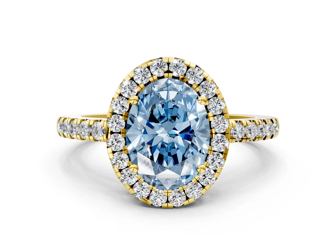 Yellow gold Fancy Blue Oval  Halo Diamond Engagement Ring with Pavé Band and Four-Prong Setting_99