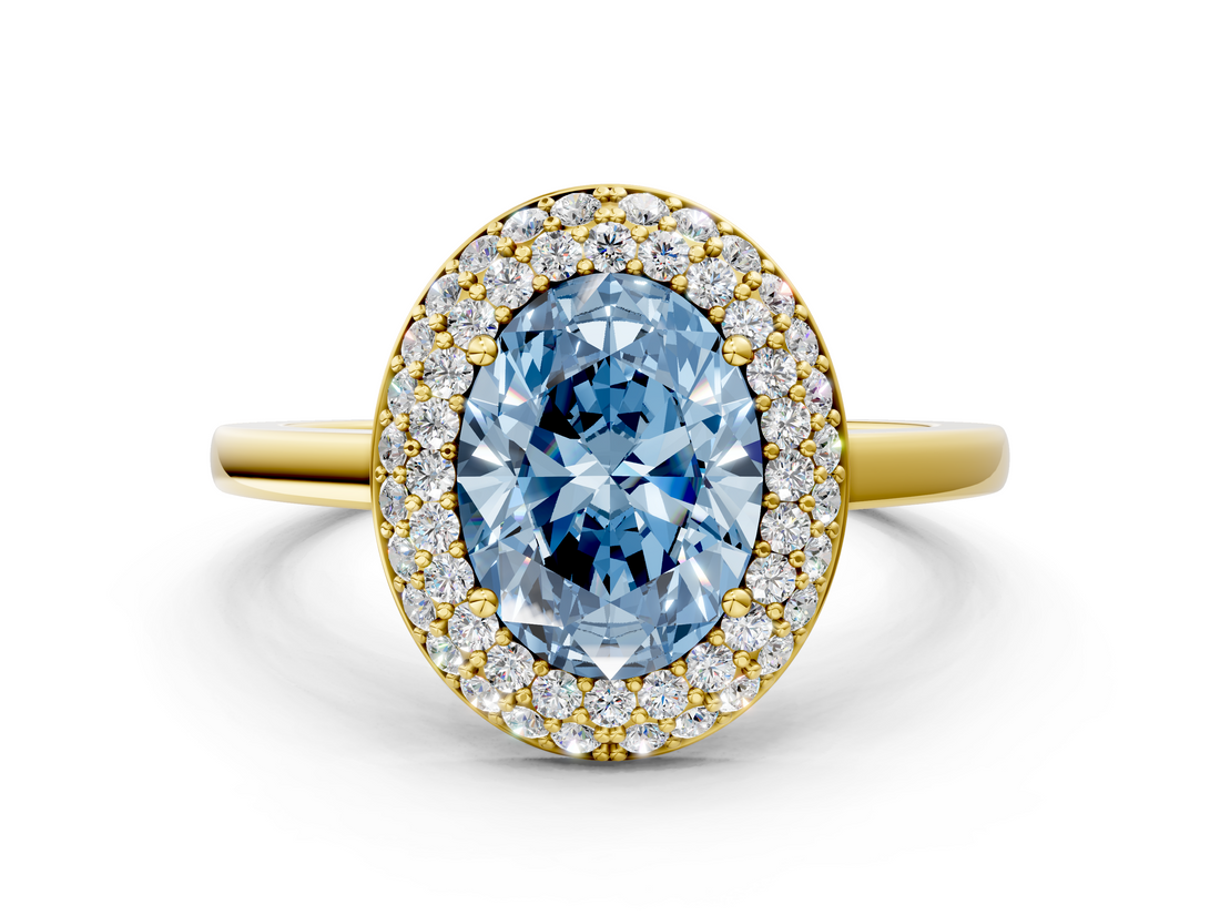 Yellow gold Fancy Blue Oval  Halo Diamond Engagement Ring with Solitaire Band and Four-Prong Setting_20