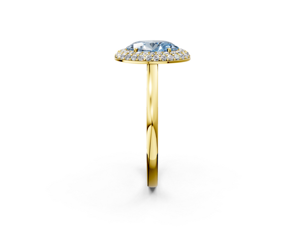 Yellow gold Fancy Blue Oval  Halo Diamond Engagement Ring with Solitaire Band and Four-Prong Setting