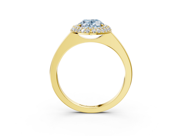 Yellow gold Fancy Blue Oval  Halo Diamond Engagement Ring with Solitaire Band and Four-Prong Setting