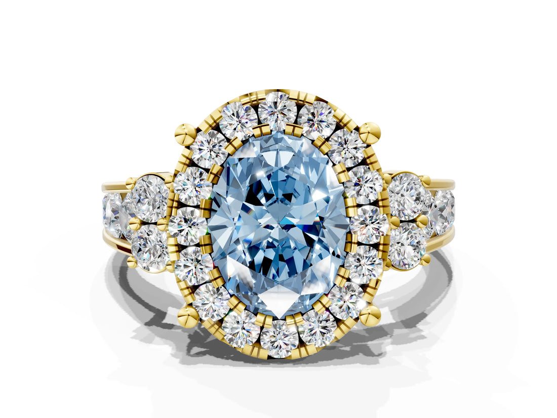 Yellow gold Fancy Blue Oval  Halo Diamond Engagement Ring with Split Shank and Four-Prong Setting_43