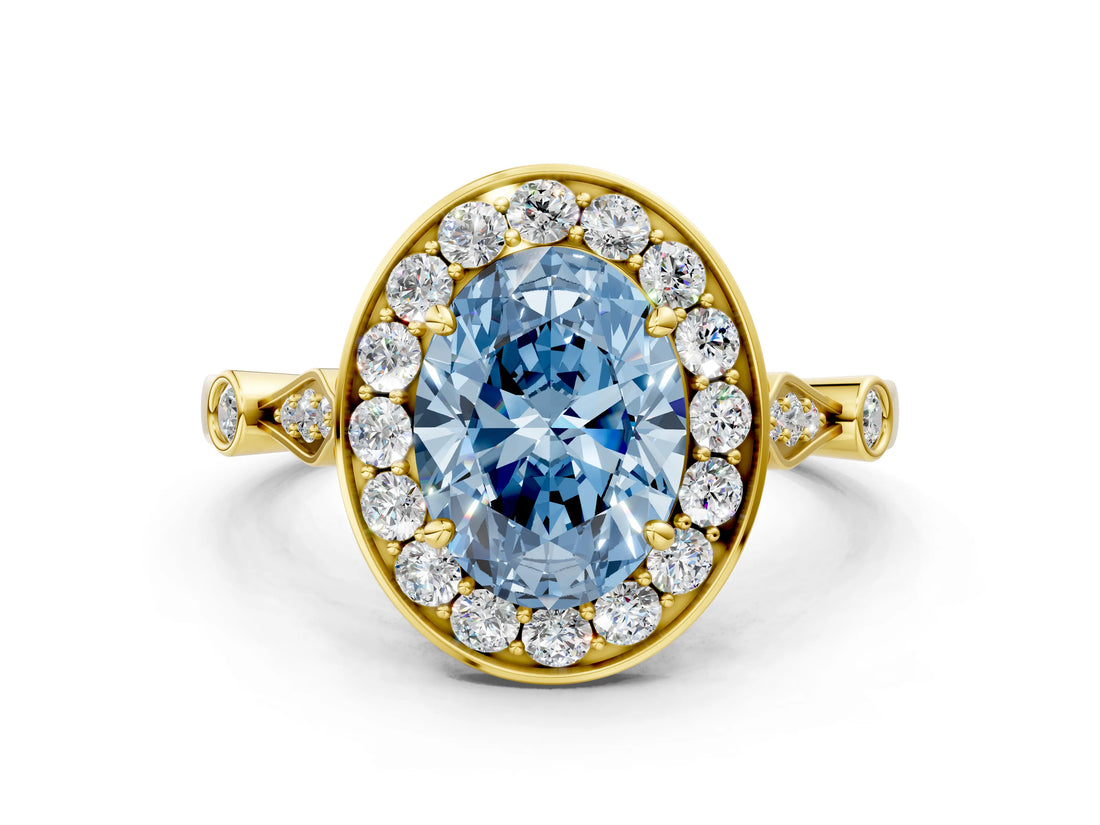 Yellow gold Fancy Blue Oval  Halo Diamond Engagement Ring with Twisted Band and Four-Prong Setting 1