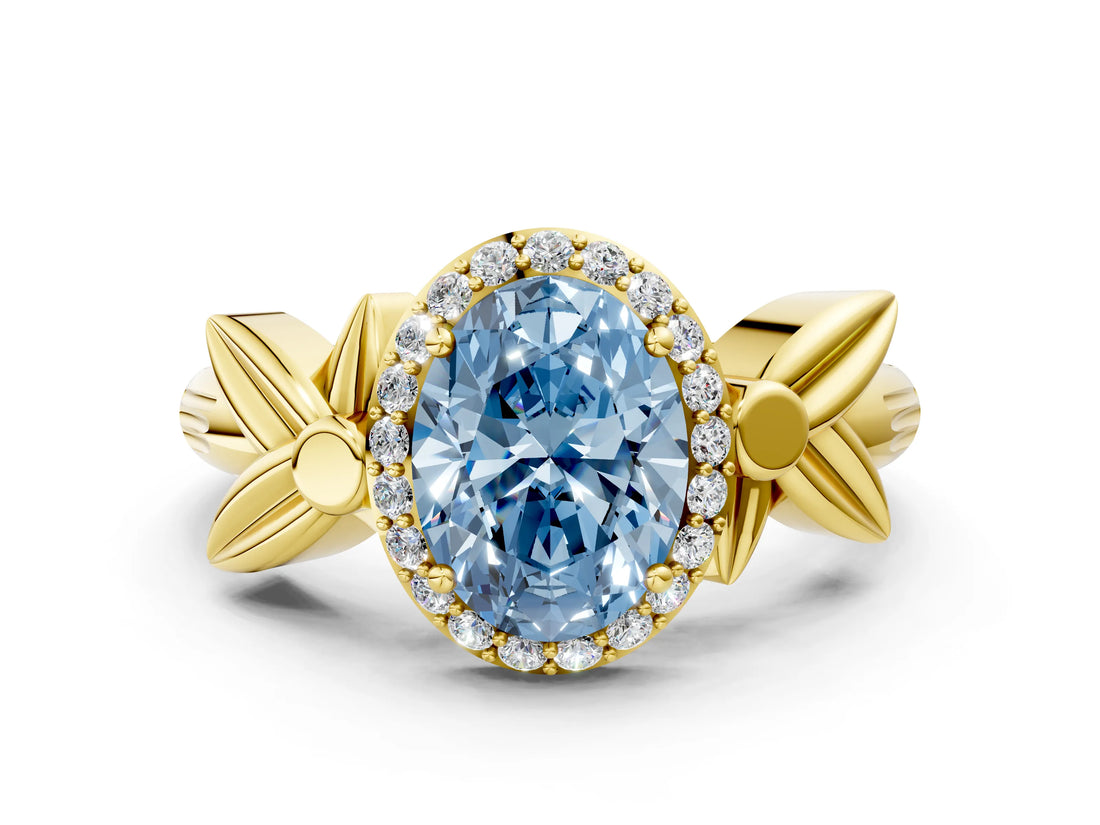 Yellow gold Fancy Blue Oval  Halo Diamond Floral Band with Four-Prong Setting_55