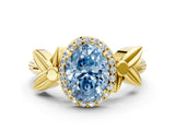 Yellow gold Fancy Blue Oval  Halo Diamond Floral Band with Four-Prong Setting_55