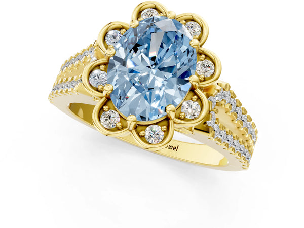 Yellow gold Fancy Blue Oval  Halo Diamond Floral Split Shank Engagement Ring