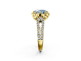 Yellow gold Fancy Blue Oval  Halo Diamond Floral Split Shank Engagement Ring 2