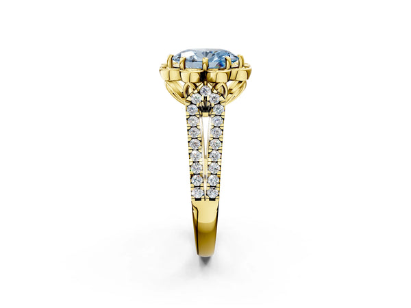 Yellow gold Fancy Blue Oval  Halo Diamond Floral Split Shank Engagement Ring