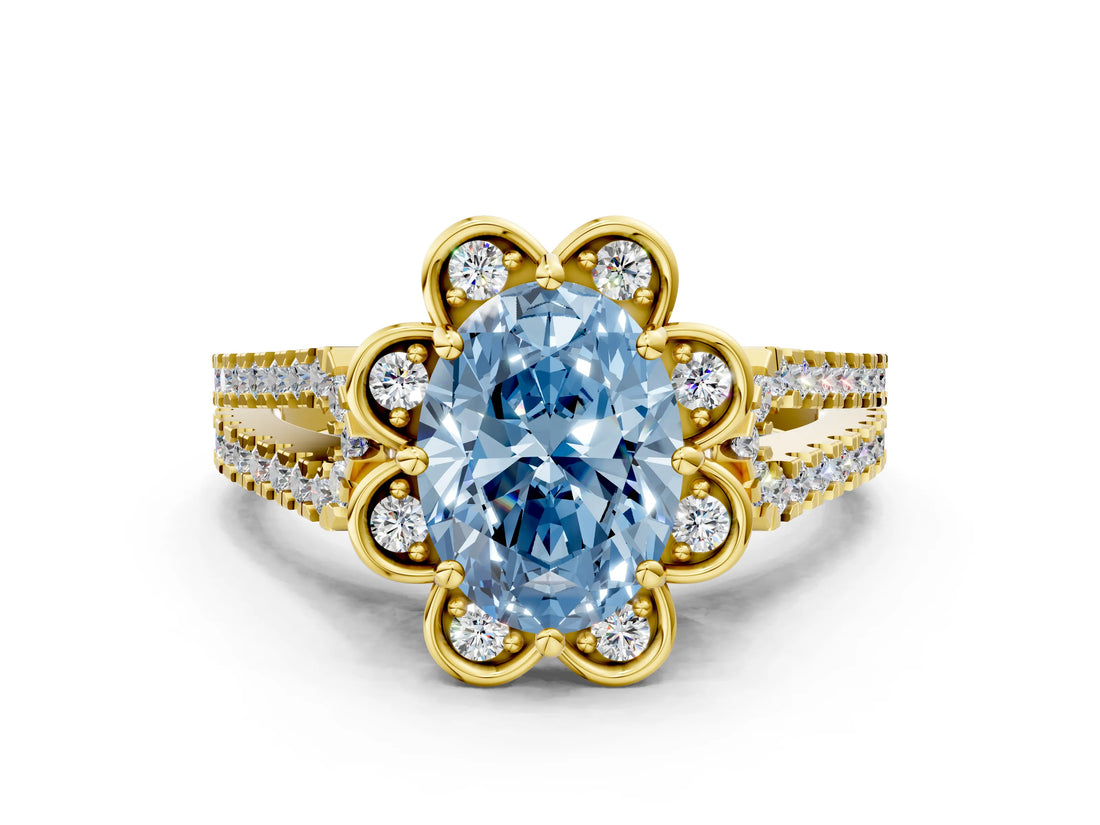 Yellow gold Fancy Blue Oval  Halo Diamond Floral Split Shank Engagement Ring
