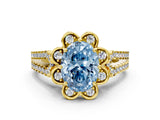 Yellow gold Fancy Blue Oval  Halo Diamond Floral Split Shank Engagement Ring