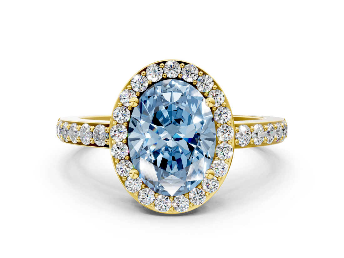 Yellow gold Fancy Blue Oval  Halo Diamond Pavé Band Ring with Prong Setting_19