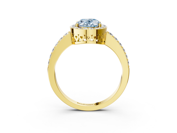 Yellow gold Fancy Blue Oval  Halo Diamond Pavé Band Ring with Prong Setting