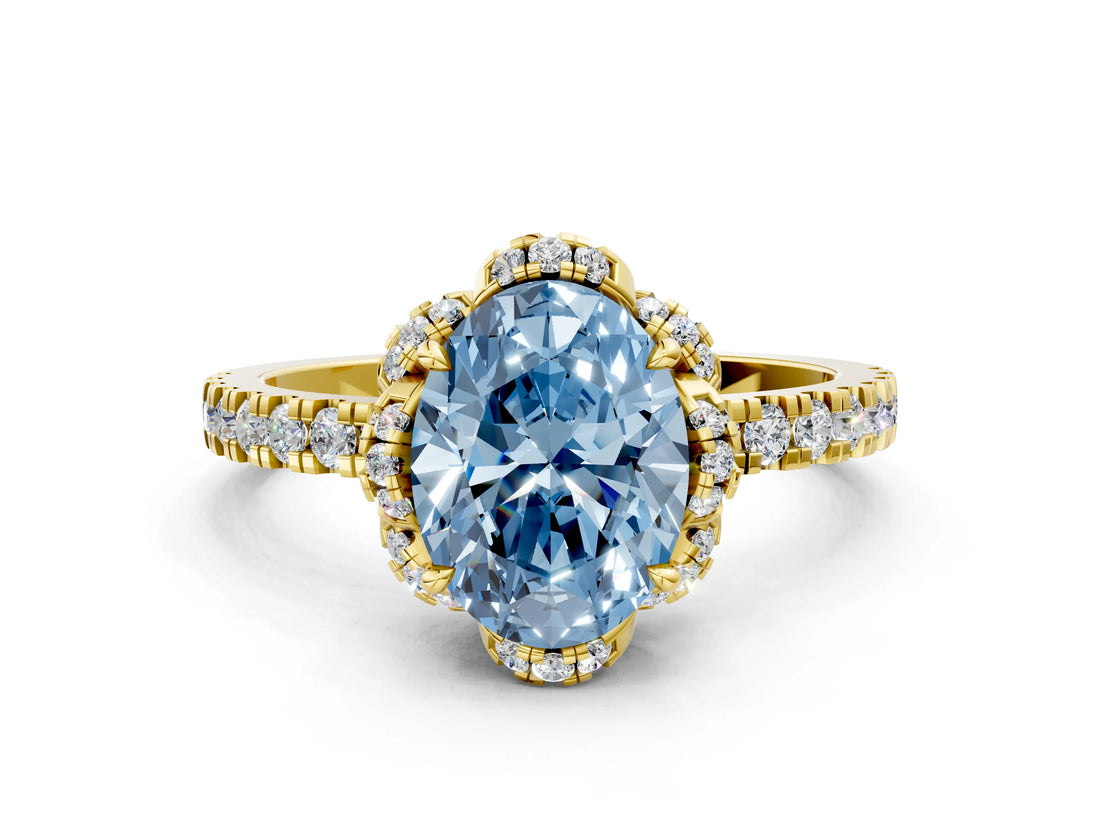 Yellow gold Fancy Blue Oval  Halo Diamond Pave Band Ring with Four-Prong Setting_15