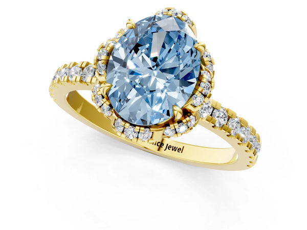 Yellow Gold Oval Petal Cutout Halo Engagement Ring Setting for Fancy Blue Center