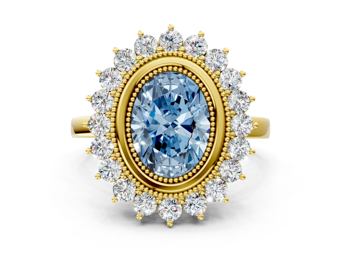 Yellow gold Fancy Blue Oval  Halo Diamond Ring with Milgrain Edge and Round Prong Setting_26