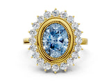 Yellow gold Fancy Blue Oval  Halo Diamond Ring with Milgrain Edge and Round Prong Setting_26