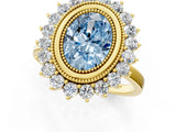 Yellow gold Fancy Blue Oval  Halo Diamond Ring with Milgrain Edge and Round Prong Setting_27