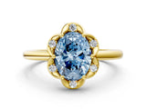 Yellow gold Fancy Blue Oval  Halo Diamond Ring with Round Cluster Setting, Solitaire Band, and Four-Prong Setting_48
