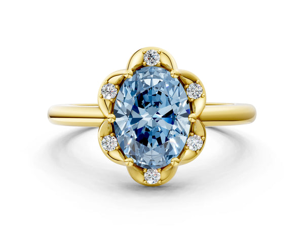 Yellow gold Fancy Blue Oval  Halo Diamond Ring with Round Cluster Setting, Solitaire Band, and Four-Prong Setting