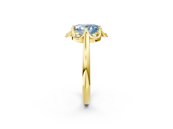 Yellow gold Fancy Blue Oval  Halo Diamond Ring with Round Cluster Setting, Solitaire Band, and Four-Prong Setting