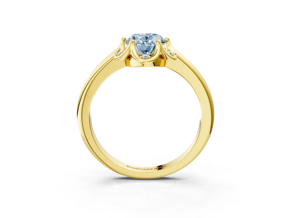 Yellow gold Fancy Blue Oval  Halo Diamond Ring with Round Cluster Setting, Solitaire Band, and Four-Prong Setting
