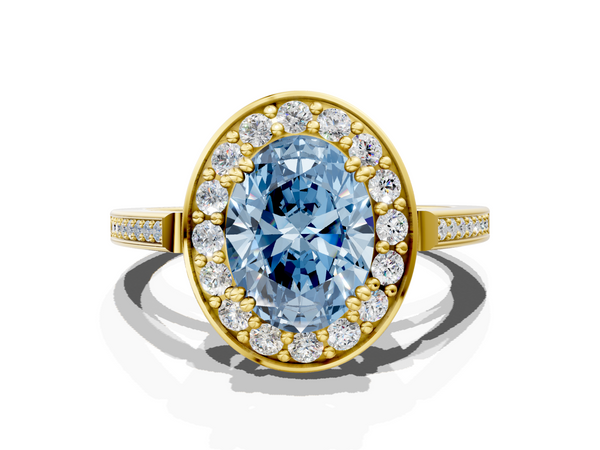 Yellow gold Fancy Blue Oval Cut Diamond Halo Ring with Split Shank and Four-Prong Setting