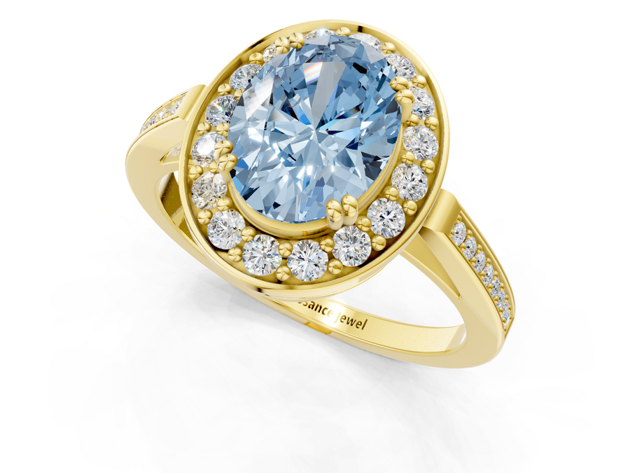 Yellow gold Fancy Blue Oval Cut Diamond Halo Ring with Split Shank and Four-Prong Setting