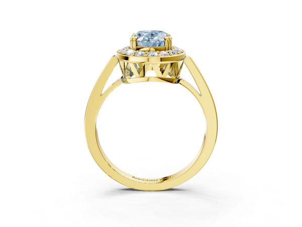 Yellow gold Fancy Blue Oval Cut Diamond Halo Ring with Split Shank and Four-Prong Setting