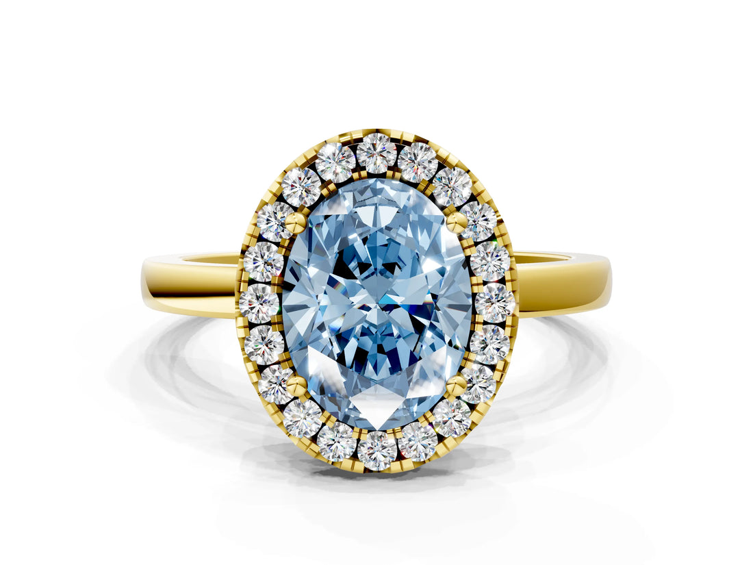 Yellow gold Fancy Blue Oval  Halo Diamond Solitaire with Pavé Band and Four-Prong Setting_71