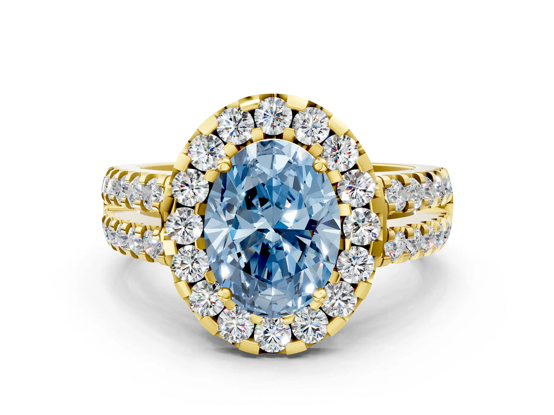 Yellow gold Fancy Blue Oval  Halo Diamond Split Shank Engagement Ring with Prong Setting_59