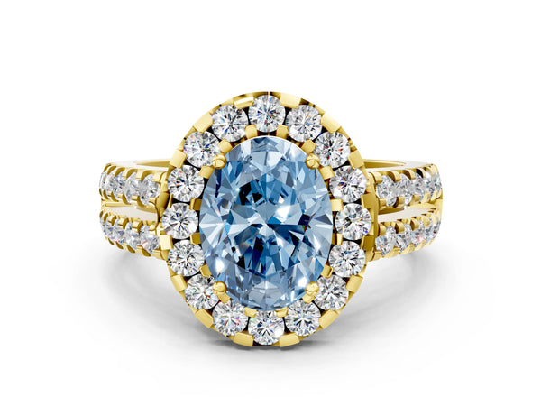 Yellow gold Fancy Blue Oval  Halo Diamond Split Shank Engagement Ring with Prong Setting
