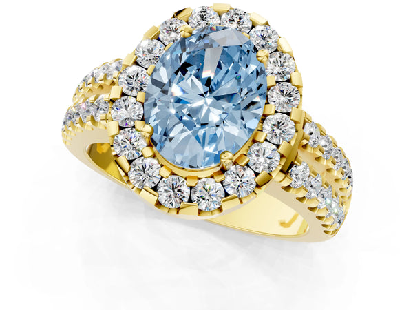 Yellow gold Fancy Blue Oval  Halo Diamond Split Shank Engagement Ring with Prong Setting