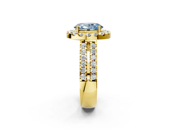 Yellow gold Fancy Blue Oval  Halo Diamond Split Shank Engagement Ring with Prong Setting