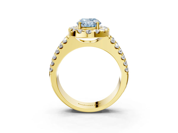 Yellow gold Fancy Blue Oval  Halo Diamond Split Shank Engagement Ring with Prong Setting