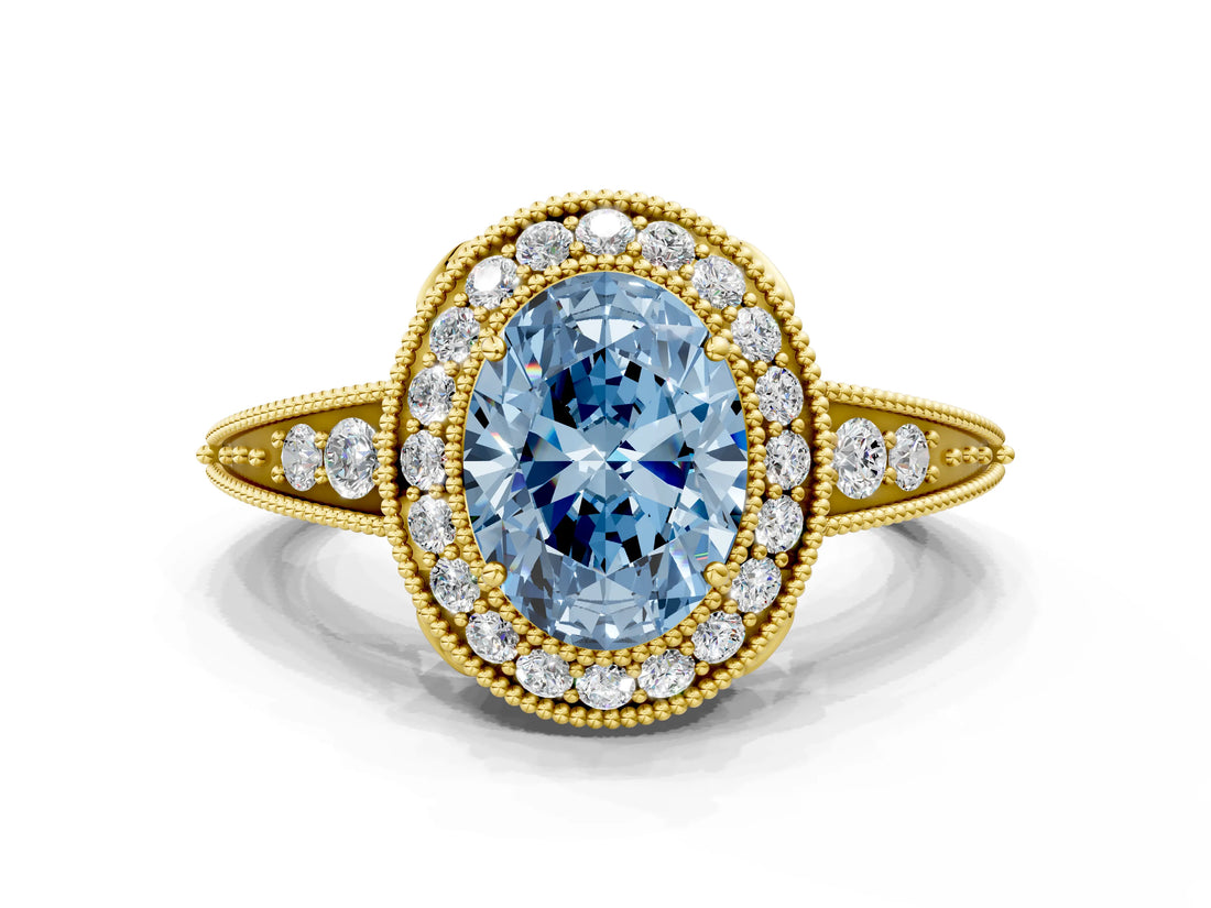 Yellow gold Fancy Blue Oval  Halo Diamond Split Shank Ring with Milgrain Detail_50