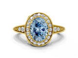 Yellow gold Fancy Blue Oval  Halo Diamond Split Shank Ring with Milgrain Detail_50