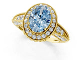 Yellow gold Fancy Blue Oval  Halo Diamond Split Shank Ring with Milgrain Detail_51