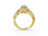 Yellow gold Fancy Blue Oval  Halo Diamond Split Shank Ring with Milgrain Detail_53
