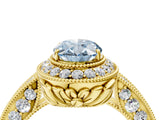 Yellow gold Fancy Blue Oval  Halo Diamond Split Shank Ring with Milgrain Detail_54