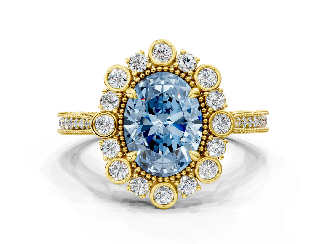 Yellow gold Fancy Blue Oval  Halo Milgrain Pave Diamond Ring with Four-Prong Setting 1